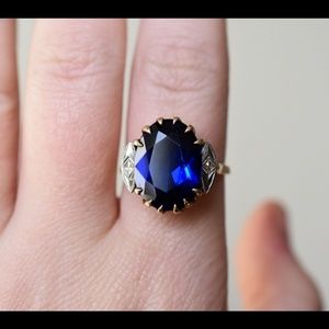 1950's vintage retro blue glass 10k gold ring